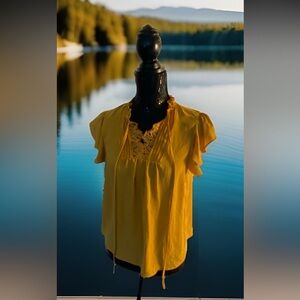 Iris Mustard Yellow Ruffle Sleeve Top Split Tie Neck Women’s Size Small